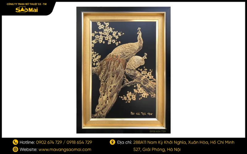 Tranh Chim công đồng chạm nổi mạ vàng